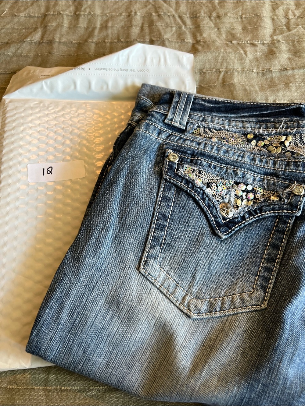 Miss Me Blue Boot Cut Jeans with Sequin-Embellished Back Pockets